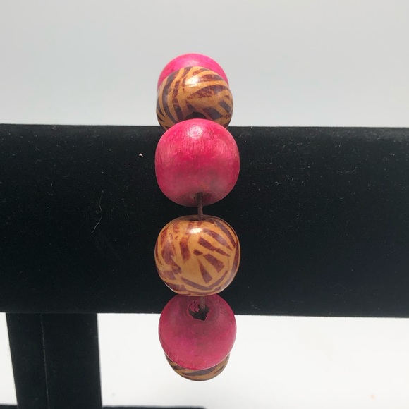 Wood Bead Stretch Bracelet Lot of 3 Green Rainbow Pink Animal Print - Picture 4 of 6